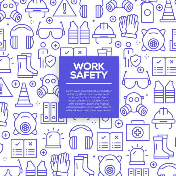 Vector set of design templates and elements for Work Safety in trendy linear style - Seamless patterns with linear icons related to Work Safety - Vector Vector set of design templates and elements for Work Safety in trendy linear style - Seamless patterns with linear icons related to Work Safety - Vector working designs stock illustrations