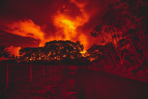Forest Night Illuminated by Erupting Volcano The night sky glowing red from the Kilauea lava flow. pele stock pictures, royalty-free photos & images