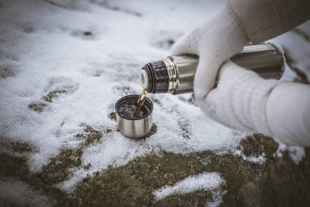 Metallic, shiny thermos with hot coffee in a snowdrift. A mug of tea on the snow. Hiking, walking in the woods, rest in the mountains concept. Metallic, shiny thermos with hot coffee in a snowdrift. A mug of tea on the snow. Hiking, walking in the woods, rest in the mountains. pine needle tea stock pictures, royalty-free photos & images