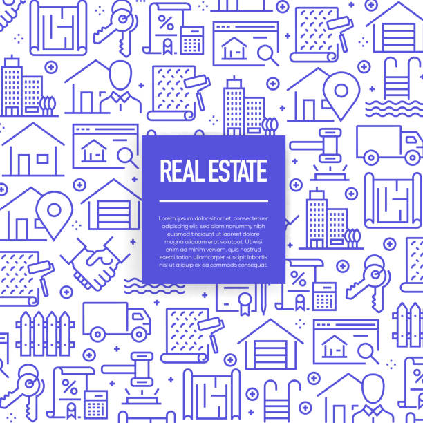 ilustrações de stock, clip art, desenhos animados e ícones de vector set of design templates and elements for real estate in trendy linear style - seamless patterns with linear icons related to real estate - vector - key mortgage house housing development