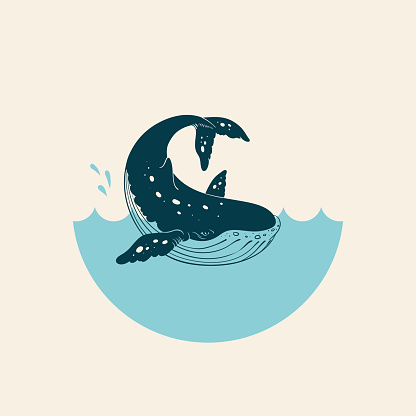 Vector hand drawn whale flat style. Waterpool logo with whale in water. Ocean symbol illustration. T-shirt design, poster design, invitations, greeting cards, posters.
