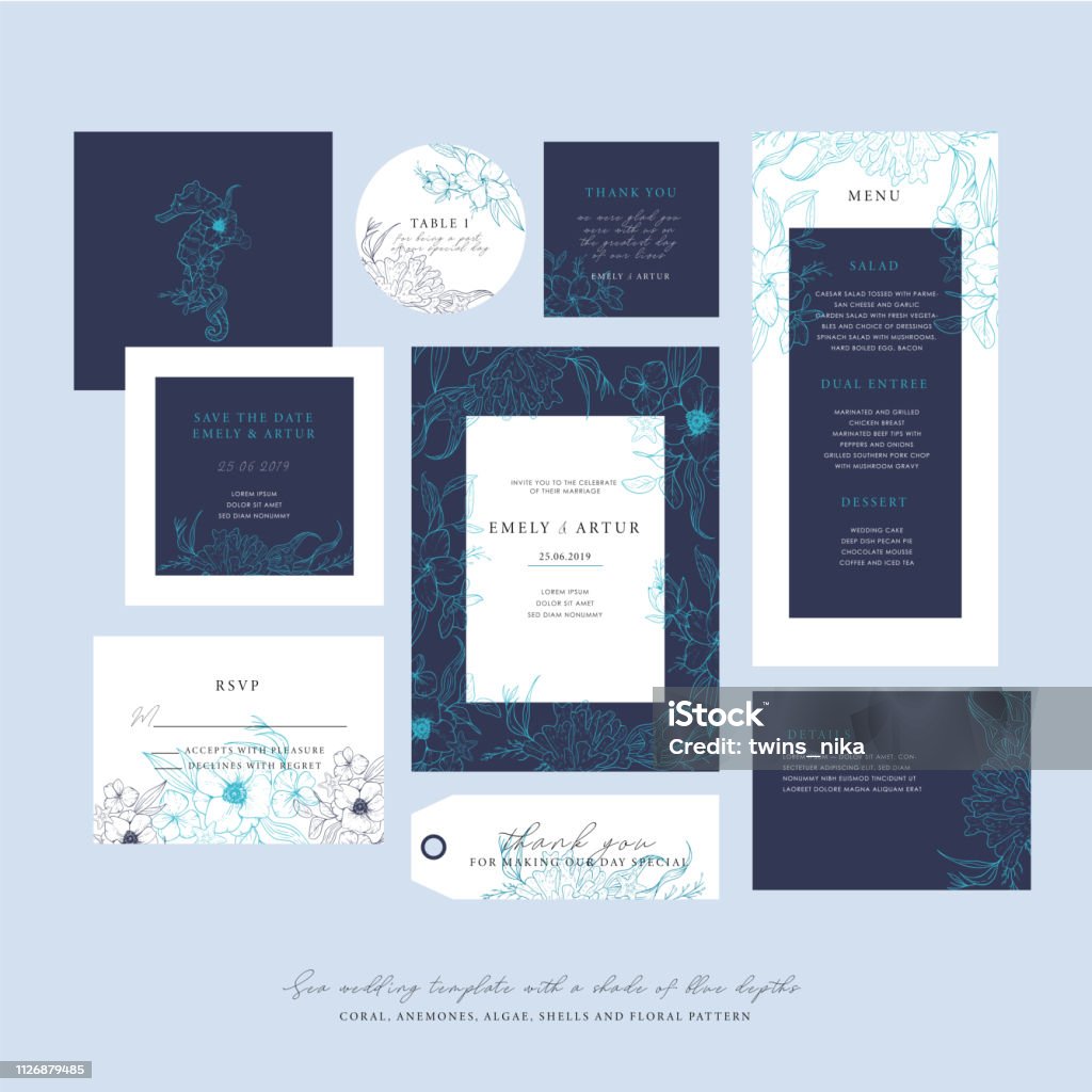 Sea wedding template with a shade of blue depths. Big wedding collection with sketch floral branches, coral, algae in the trend colors of the underwater world. Nautical art. Invitation stock vector