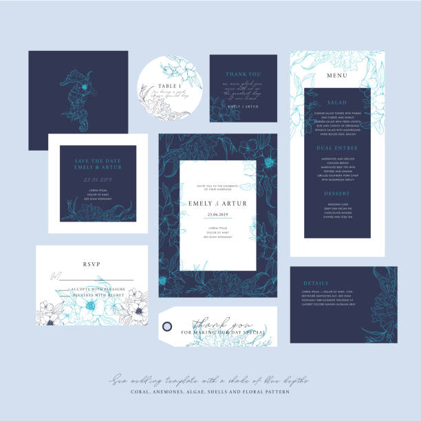 Sea wedding template with a shade of blue depths. Big wedding collection with sketch floral branches, coral, algae in the trend colors of the underwater world. Nautical art. Sea wedding template with a shade of blue depths. Big wedding collection with sketch floral branches, coral, algae in the trend colors of the underwater world. Nautical art. wedding invitation stock illustrations