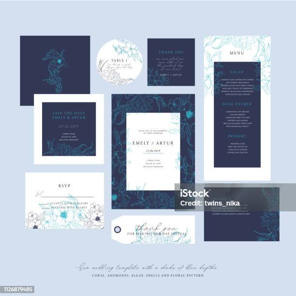 Sea Wedding Template With A Shade Of Blue Depths Big Wedding Collection With Sketch Floral Branches Coral Algae In The Trend Colors Of The Underwater World Nautical Art Stock Illustration - Download Image Now