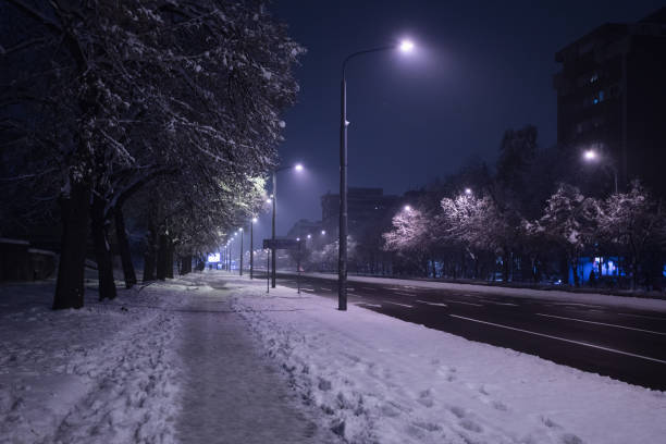 City streets after snowfall at night, Belgrade, Serbia