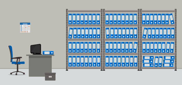 архив. комната для хранения документов. рабочее место архивариуса - furniture office old warehouse stock illustrations