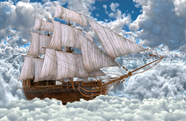 istock Sailboat flying above the clouds 3d illustration 1126880578