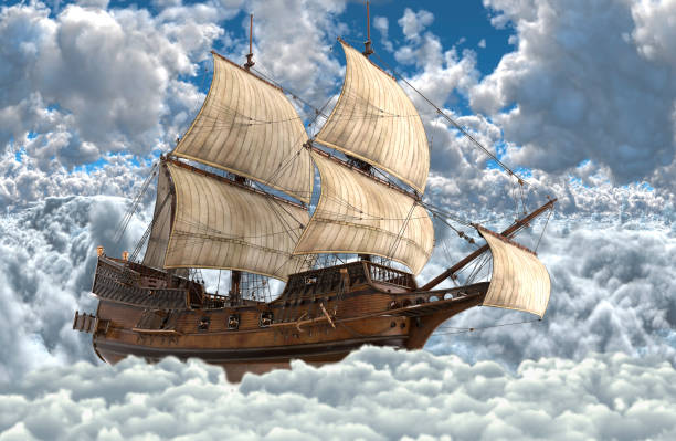 istock Sailboat flying above the clouds 3d illustration 1126880588