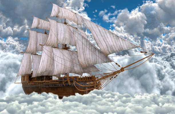 istock Sailboat flying above the clouds 3d illustration 1126880617