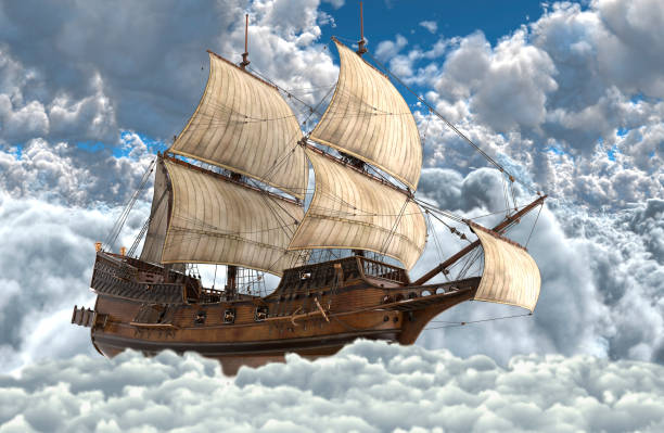 istock Sailboat flying above the clouds 3d illustration 1126880640