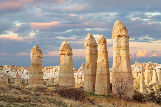 Extreme terrain of Cappadocia with volcanic rock formations known as fairy chimneys, Turkey Fairy chimneys in Cappadocia, Turkey phallus shaped stock pictures, royalty-free photos & images