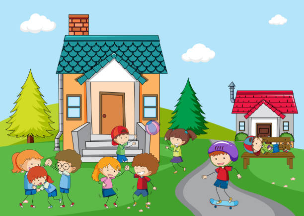kinder spielen am landhaus - neighbors at the front door stock-grafiken, -clipart, -cartoons und -symbole
