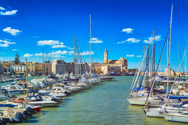 View of a nice fishing harbor and marina in Trani, Puglia region, Italy stock photo