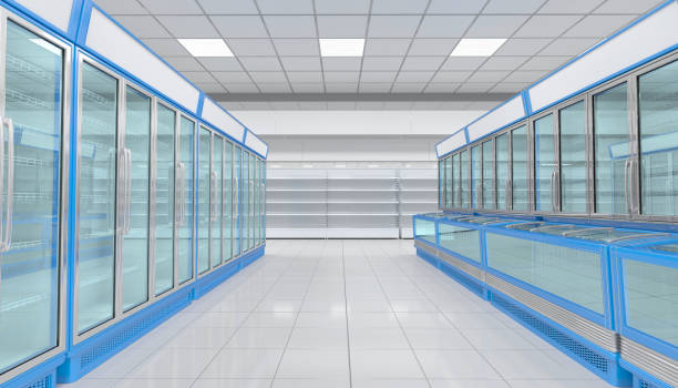 istock Interior empty supermarket with  showcases freezer 1126883179