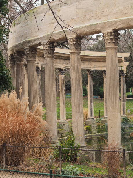 Monceau park (8th arrondissement), Paris, France, 2019 january 29 : The classical colonnade in Parc Monceau (built in 1778)