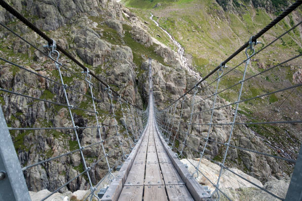 Trift suspending bridge near Trift Glacier in Switzerland, the longest pedestrian-only suspension bridge in the Alps, totaling 170 meters