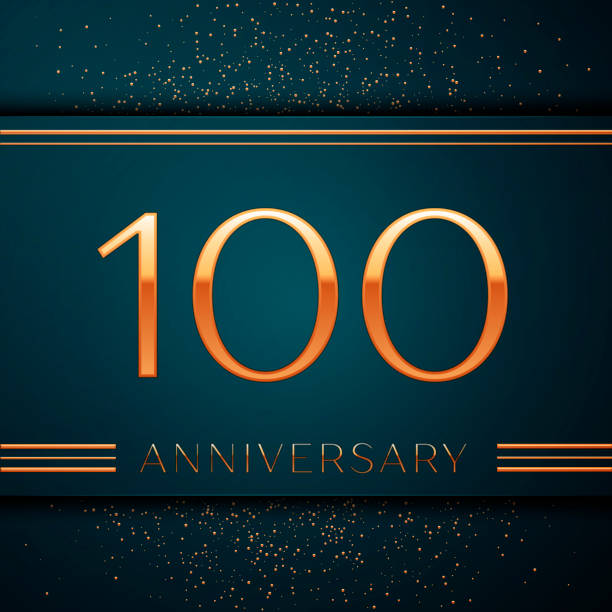 istock Realistic Hundred Years Anniversary Celebration design banner. Golden number and confetti on green background. Colorful Vector template elements for your birthday party 1126887480