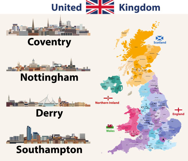 Vector illustration of United Kingdom cities skylines icons. High detailed map of United Kingdom with countries and regions borders. All layers editable, labelled and well organazed Vector illustration of United Kingdom cities skylines icons. High detailed map of United Kingdom with countries and regions borders. All layers editable, labelled and well organazed nottingham stock illustrations