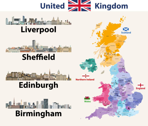 영국 도시 스카이 라인 아이콘 벡터 일러스트입니다. 국가 및 지역 국경 가진 영국의 높은 상세한 지도. 모든 편집 가능, 이라는 레이어와 잘 organazed - liverpool stock illustrations