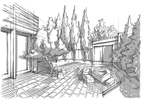 Vector illustration of the architectural design. In the style of drawing. (ai 10 eps with transparency effect).