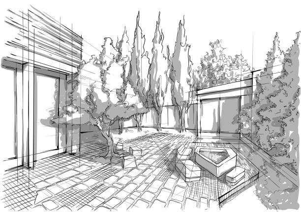 Hand drawn black and white landscape architecture Vector illustration of the architectural design. In the style of drawing. (ai 10 eps with transparency effect). garden pathway stock illustrations