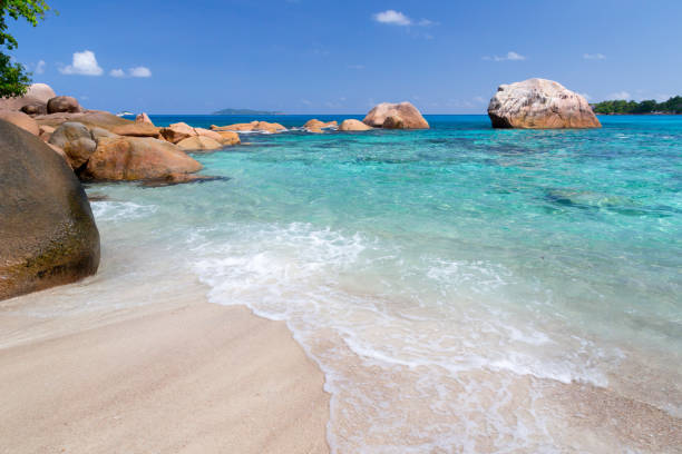 istock Beach with blue water and blue sky and some rocks 1126892668