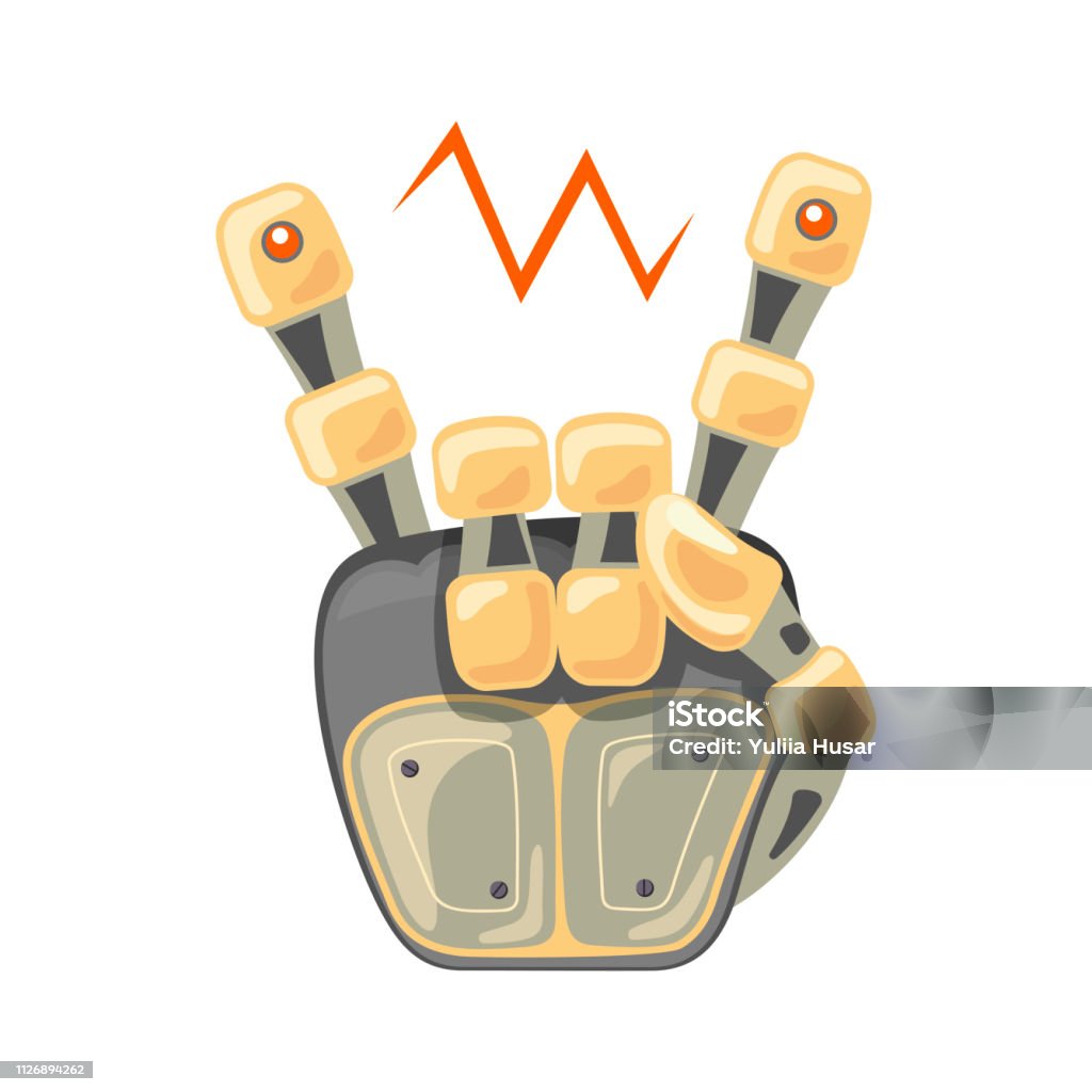 Robot hand. Mechanical technology machine engineering symbol. Cool, good icon. Rock music. Peace. Energy between fingers Robot hand. Mechanical technology machine engineering symbol. Hand gestures. Cool, good icon. Rock music. Peace. Energy between fingers. Vector illustration on the white background. Arm stock vector