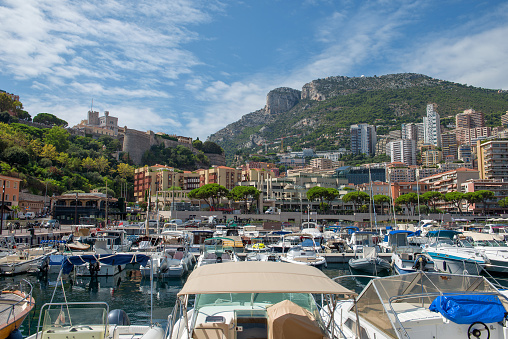 Principality of Monaco - 31.08.2018: View of Port Hercule with La Condamine and the Prince's Palace in background