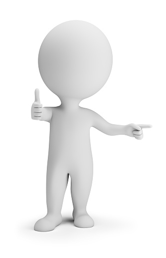 3d small person in pointing pose and showing that it is cool. 3d image. White background.