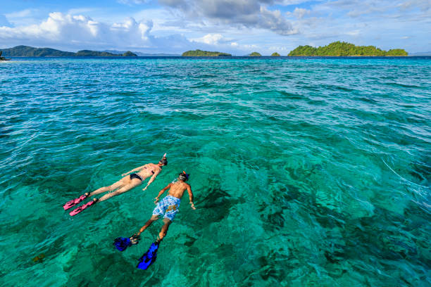 Young couple snorkeling on East China Sea, Philippines Young caucasian woman with her boyfriend snorkeling and watching turtles, East China Sea, Palawan Island, East China Sea, Philippines, Southeast Asia. cebu province stock pictures, royalty-free photos & images
