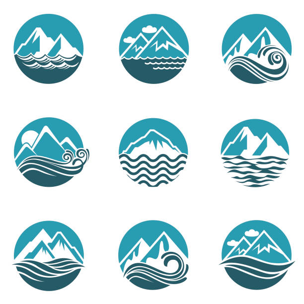 illustrazioni stock, clip art, cartoni animati e icone di tendenza di set di icone di montagna e mare - water wave rippled river