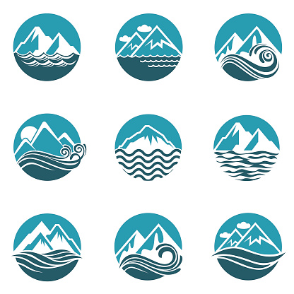 collection with abstract icons of mountain and sea wave