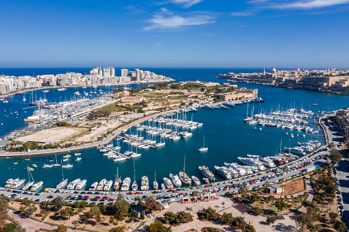 Shots taken with a drone from the ta xbiex area for the harbour, marina, valletta bastions and manoel island