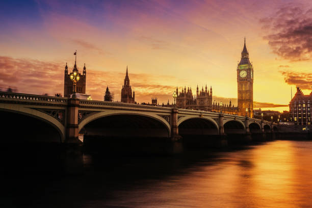Dramatic sunset color over famous Big Ben clock tower in London, UK.
