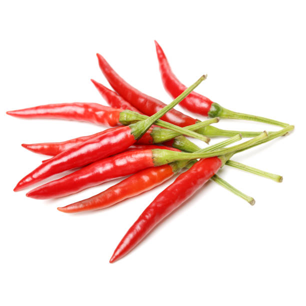 vegetable: red peppers isolated on white background - birds eye chilli imagens e fotografias de stock