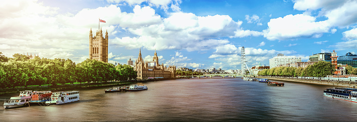 Thames River panorama and London eye with Westminster Palace in London