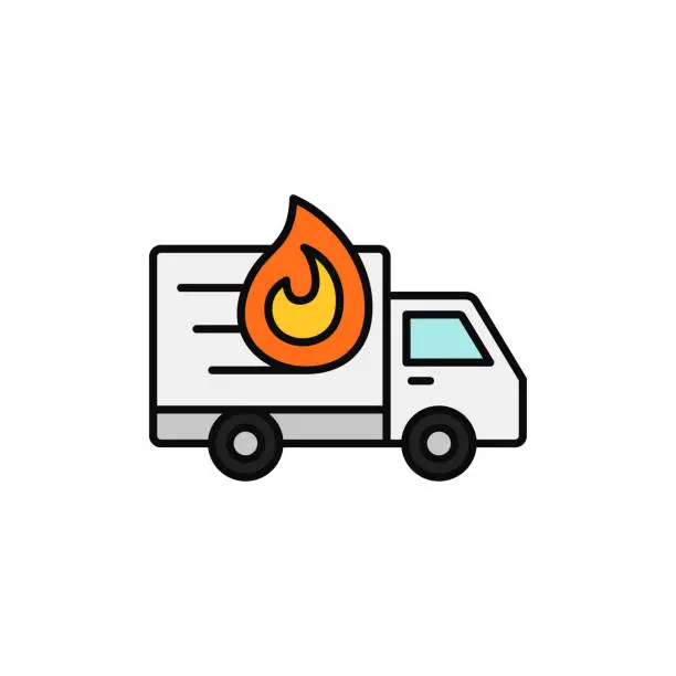 Vector illustration of delivery truck fire icon. burned shipment truck illustration. simple outline vector symbol design.