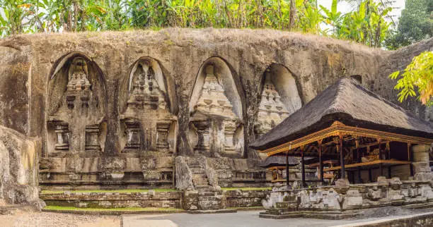 Gunung Kawi. Ancient carved in the stone temple with royal tombs. Bali, Indonesia. PANORAMA, long format.