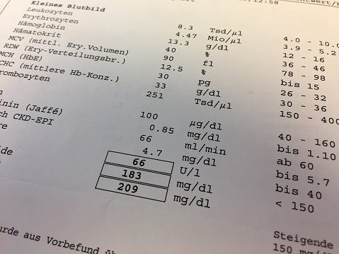 Printed laboratory results from blood tests