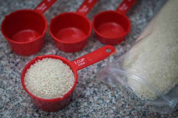 1 cup of rice with a bag on the side stock photo