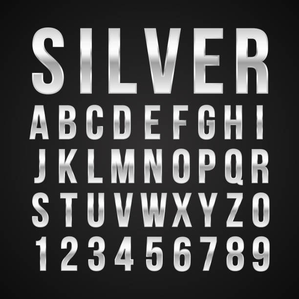 Font alphabet number silver effect vector Font alphabet number silver effect in vector format sliver stock illustrations