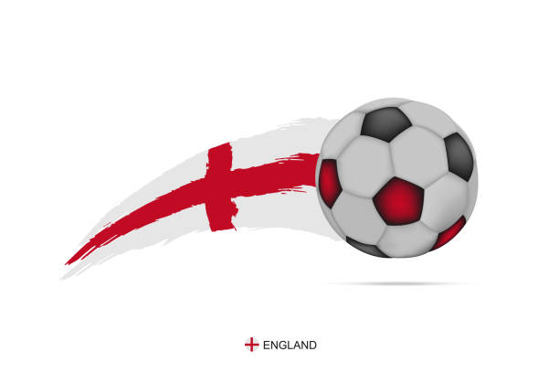 englische fußball-europameisterschaft banner mit 3d fußball und hand gezeichnete kalligraphie pinsel streifen england nationalflagge farben auf weißem hintergrund. vektor-design-element-darstellung - fan england british culture english culture stock-grafiken, -clipart, -cartoons und -symbole