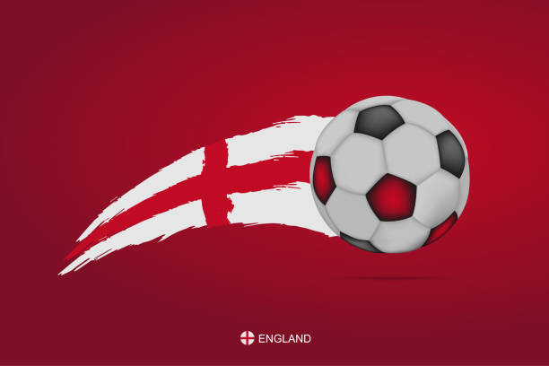 englische fußball-europameisterschaft banner mit 3d fußball und hand gezeichnete kalligraphie pinsel streifen england nationalflagge druckfarben auf rotem grund. vektor-design-element-darstellung - fan england british culture english culture stock-grafiken, -clipart, -cartoons und -symbole