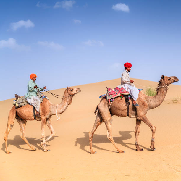 istock Indian men riding camels on sand dunes, Rajasthan, India 1126927897