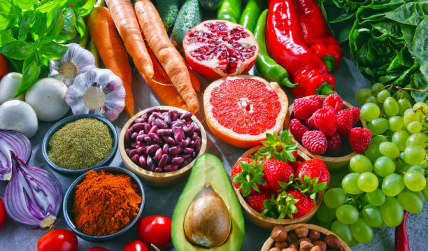 istock Composition with fresh vegetarian grocery products 1126928885