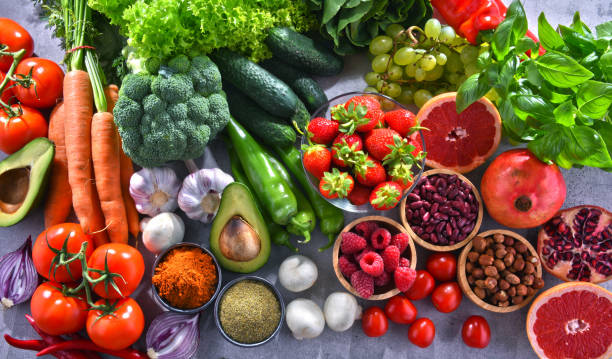 istock Composition with fresh vegetarian grocery products 1126929389