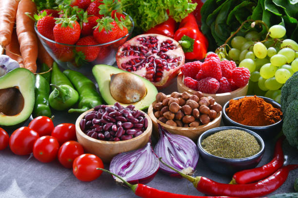 istock Composition with fresh vegetarian grocery products 1126929421