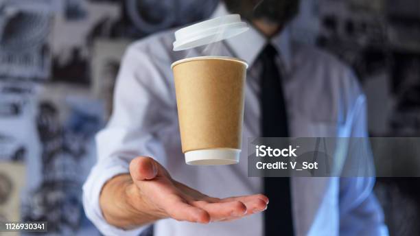 Barista And Levitating Paper Cup Of Hot Coffee Stock Photo - Download Image Now - Adventure, Authority, Bar - Drink Establishment