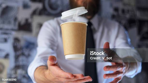 Barista And Levitating Paper Cup Of Hot Coffee Stock Photo - Download Image Now - Adventure, Authority, Bar - Drink Establishment