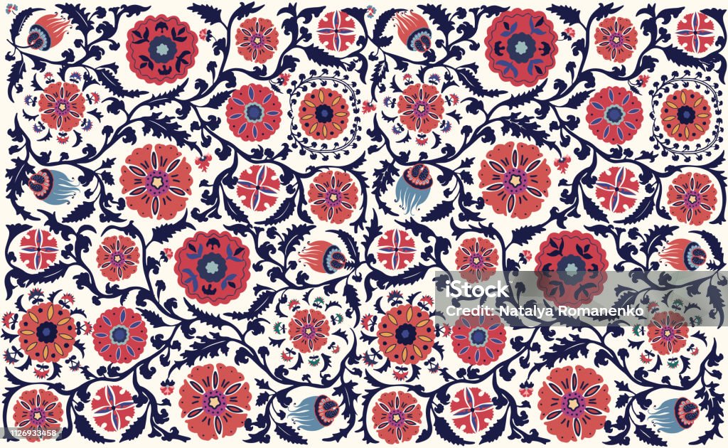 Vector floral seamless pattern. Uzbek suzani national ornament for textile embroidery. Arabic, Indian, Turkish style flowers background. Bohemian ornament for taps. Textile stock vector